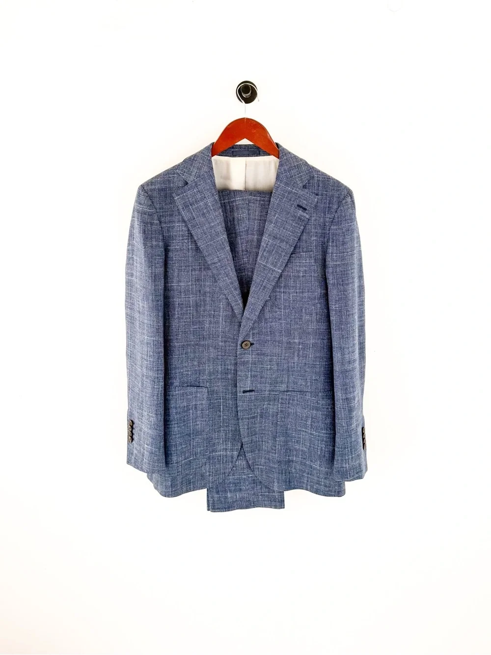 Suitsupply Hudson E. Thomas Wool Silk Linen Suit Blue Plaid Textured Weave 38R